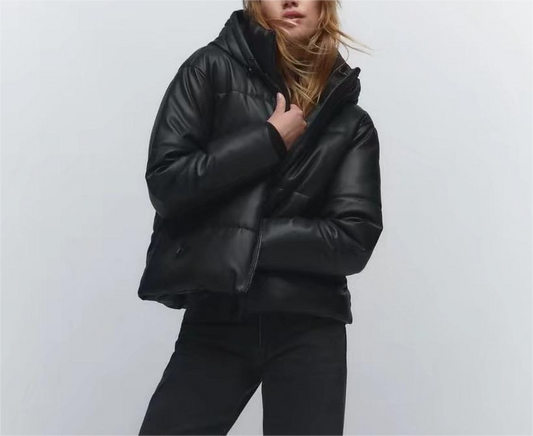 Manteau décontracté en similicuir et coton noir