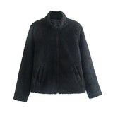 Black Stand Collar Lamb Wool Winter Coat