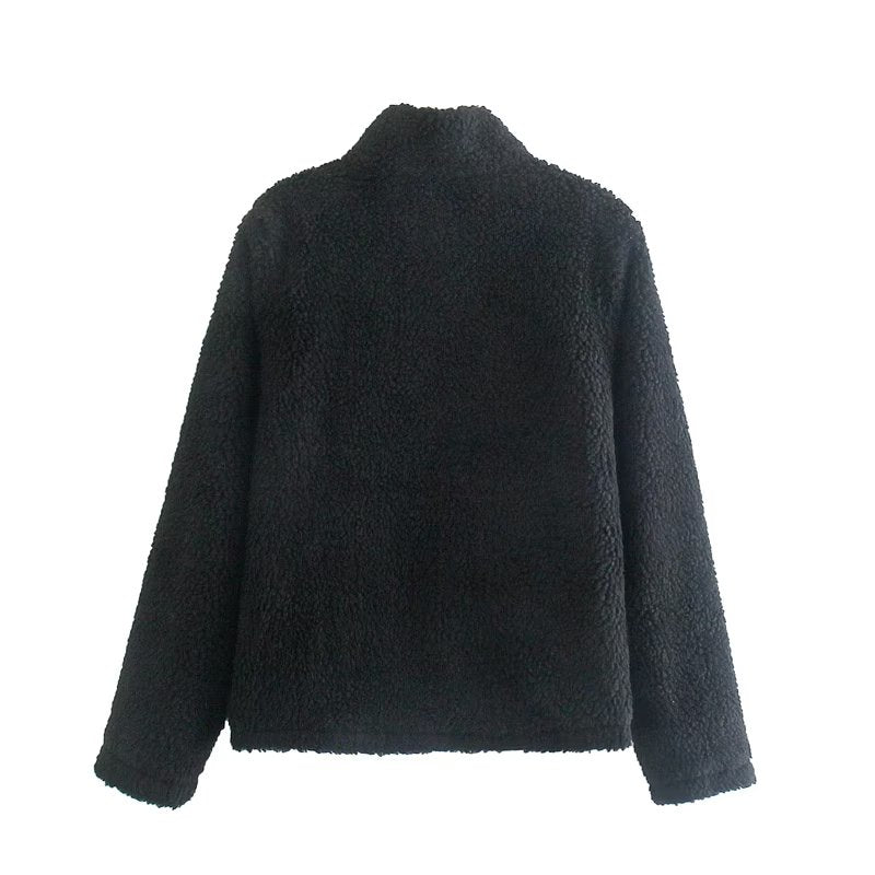 Black Stand Collar Lamb Wool Winter Coat