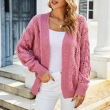 Cardigan ajouré en tricot à manches longues et col en V de couleur unie