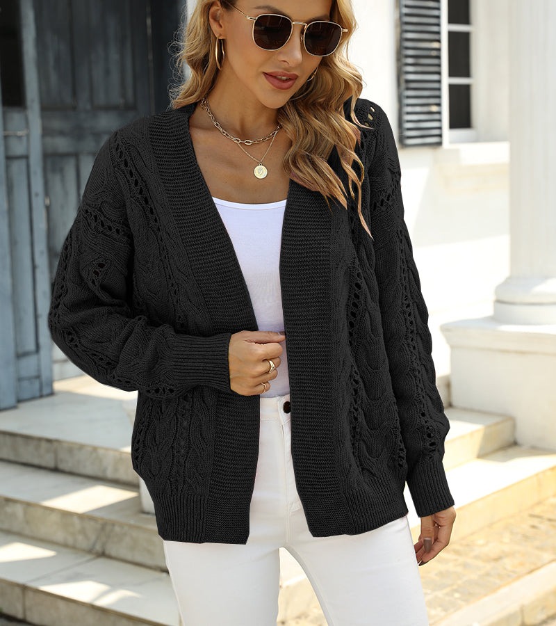 Cardigan ajouré en tricot à manches longues et col en V de couleur unie
