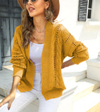 Cardigan ajouré en tricot à manches longues et col en V de couleur unie