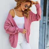 Cardigan ajouré en tricot à manches longues et col en V de couleur unie