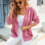 Cardigan ajouré en tricot à manches longues et col en V de couleur unie