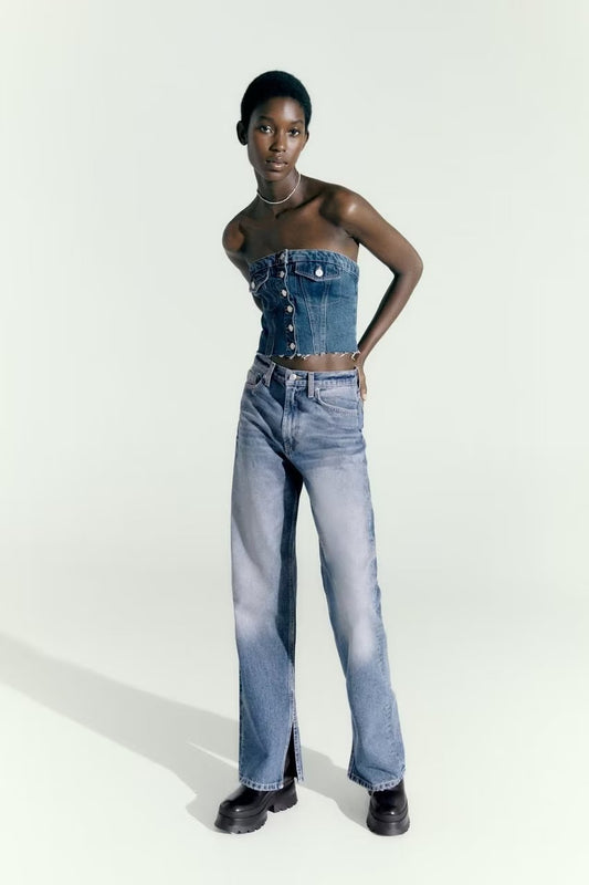 Washed Denim Corset Tube Top – Süßes ärmelloses Damen Top