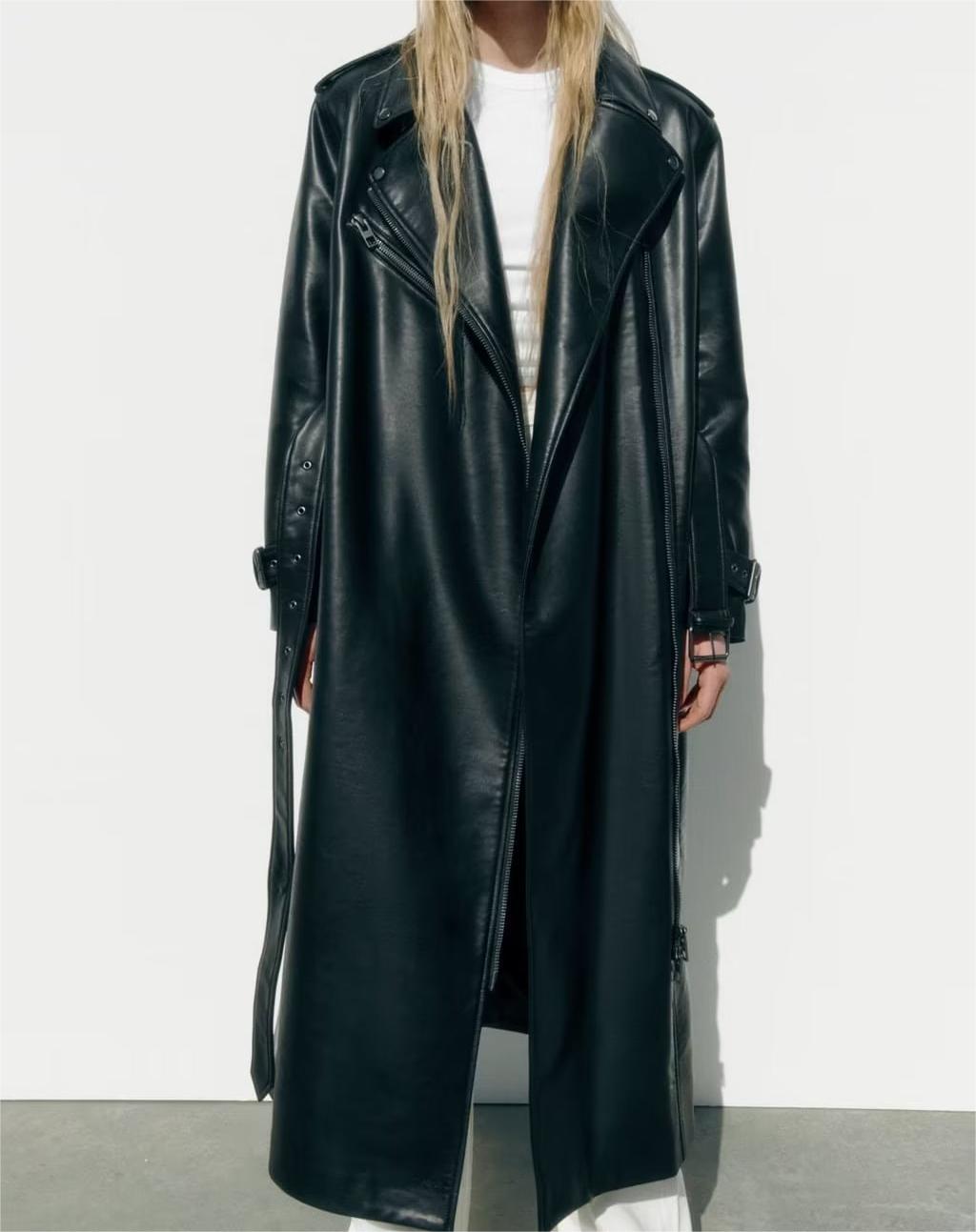 Black Faux Leather Trench Coat with Belt – Fall Fashion Essential