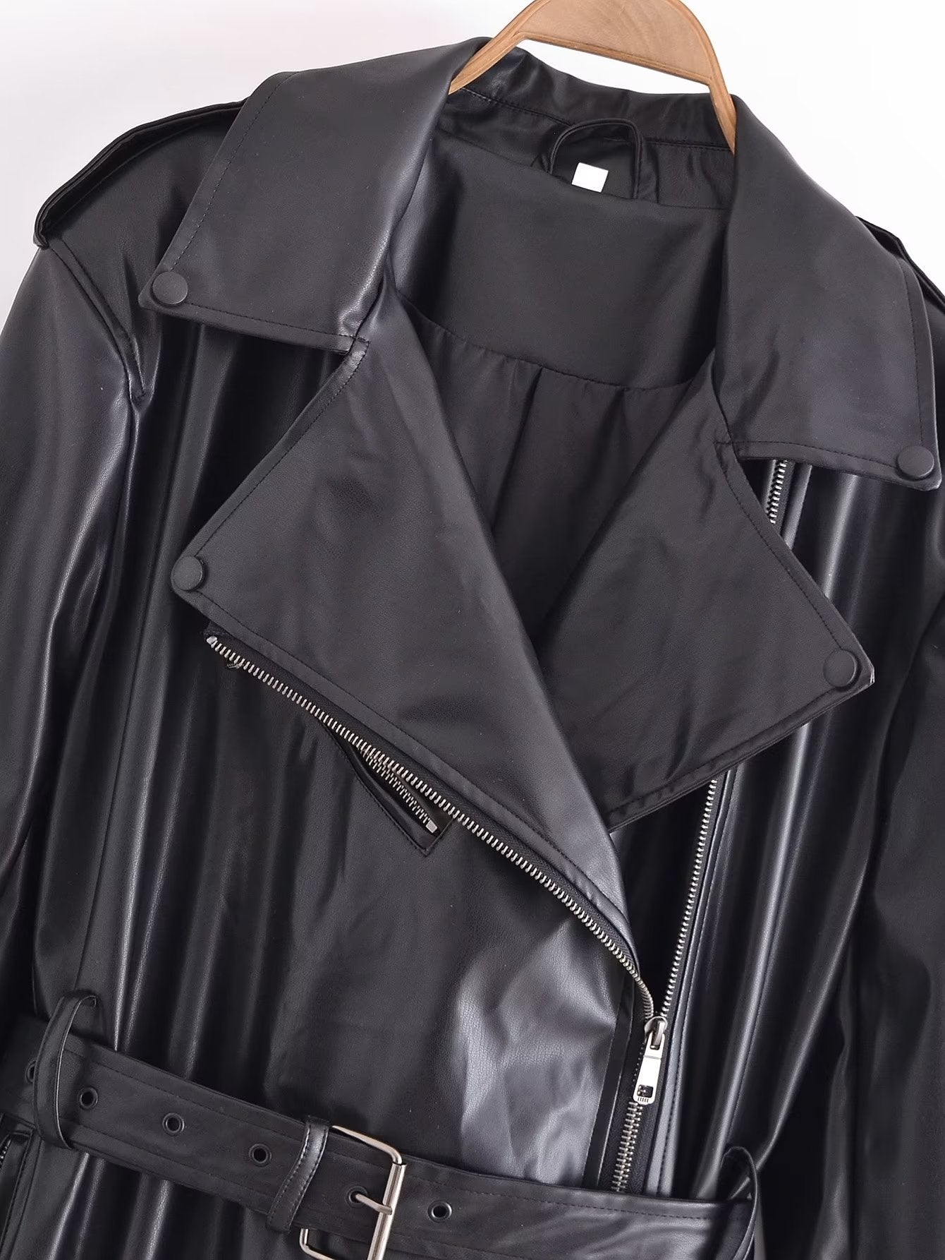 Black Faux Leather Trench Coat with Belt – Fall Fashion Essential