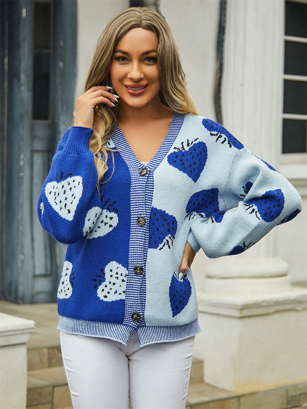 V-Neck Buttoned Strawberry Cardigan Sweater for Women