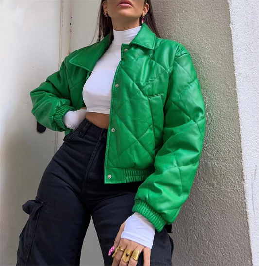 Manteau matelassé en similicuir à carreaux verts