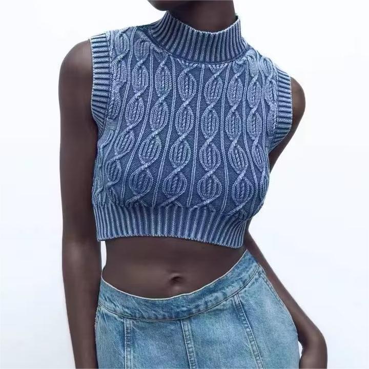 Kurzes Strickpullover-Westen-Jacken-Oberteil mit verwaschenem Distressed-Effekt für Damen