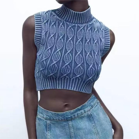 Kurzes Strickpullover-Westen-Jacken-Oberteil mit verwaschenem Distressed-Effekt für Damen