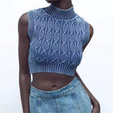 Kurzes Strickpullover-Westen-Jacken-Oberteil mit verwaschenem Distressed-Effekt für Damen