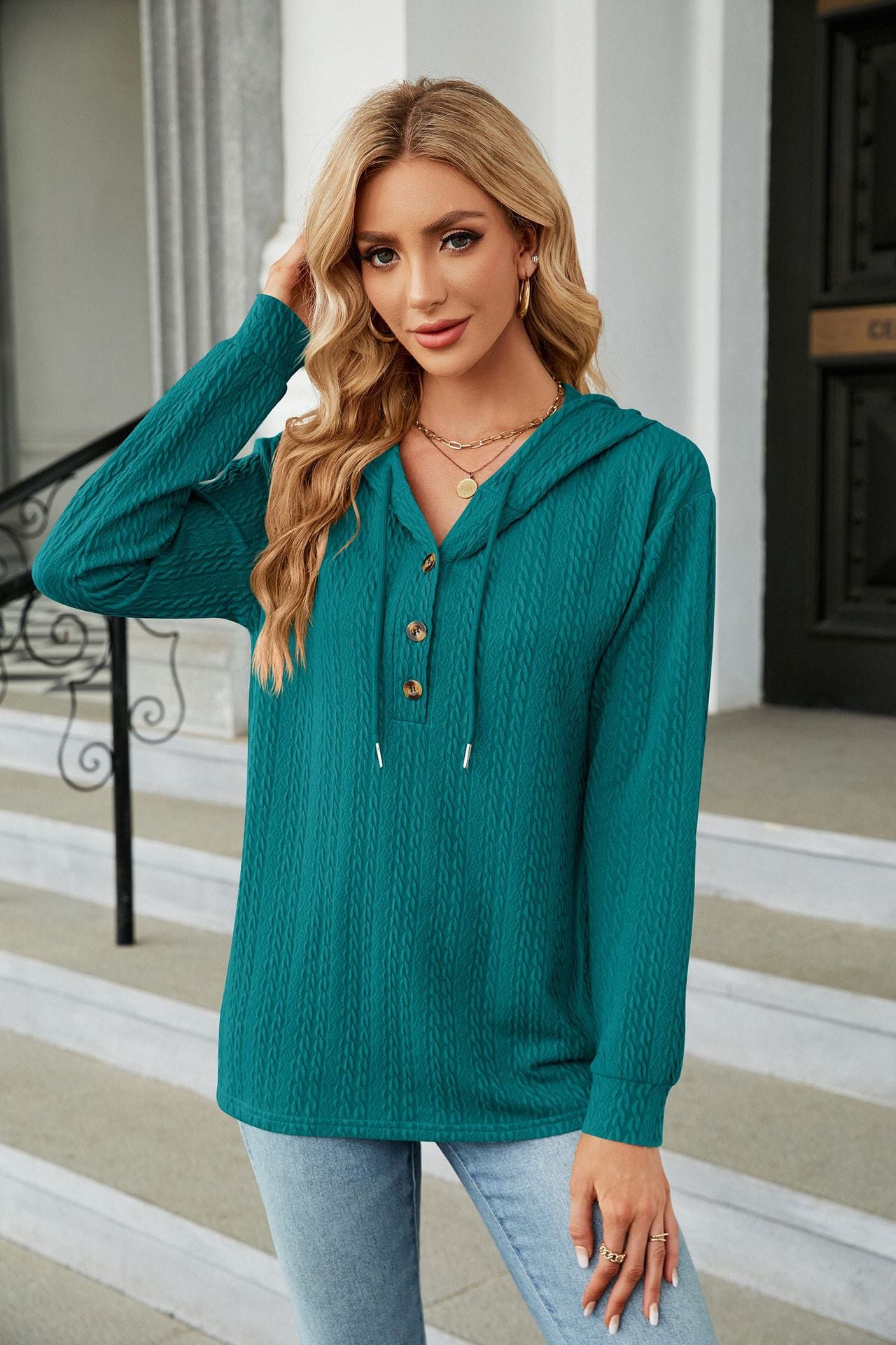 Solid Color Hooded Button Loose Long Sleeve Sweatshirt