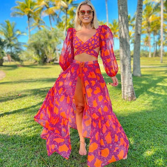 High Waist Long Sleeve Backless Deep V Bikini Swimsuit