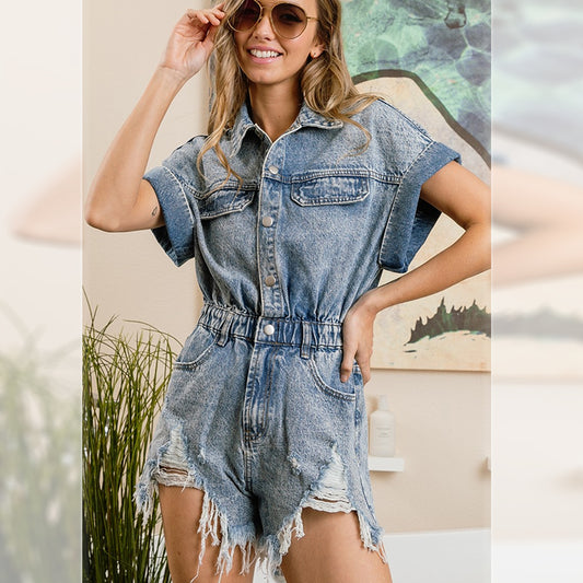 Ripped Denim Romper with Elastic Waist