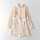 Embroidered Collared Tie Waist Shirt Dress