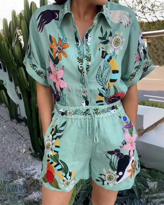 Cotton Linen Printed Shirt and Shorts Set
