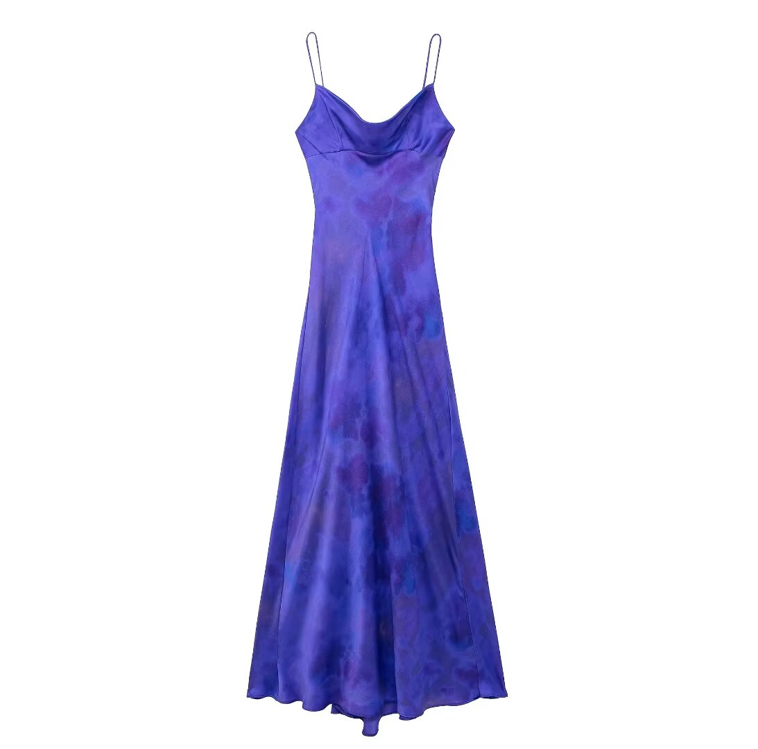 Blue Summer Satin Printed Maxi Cami A-Line Dress
