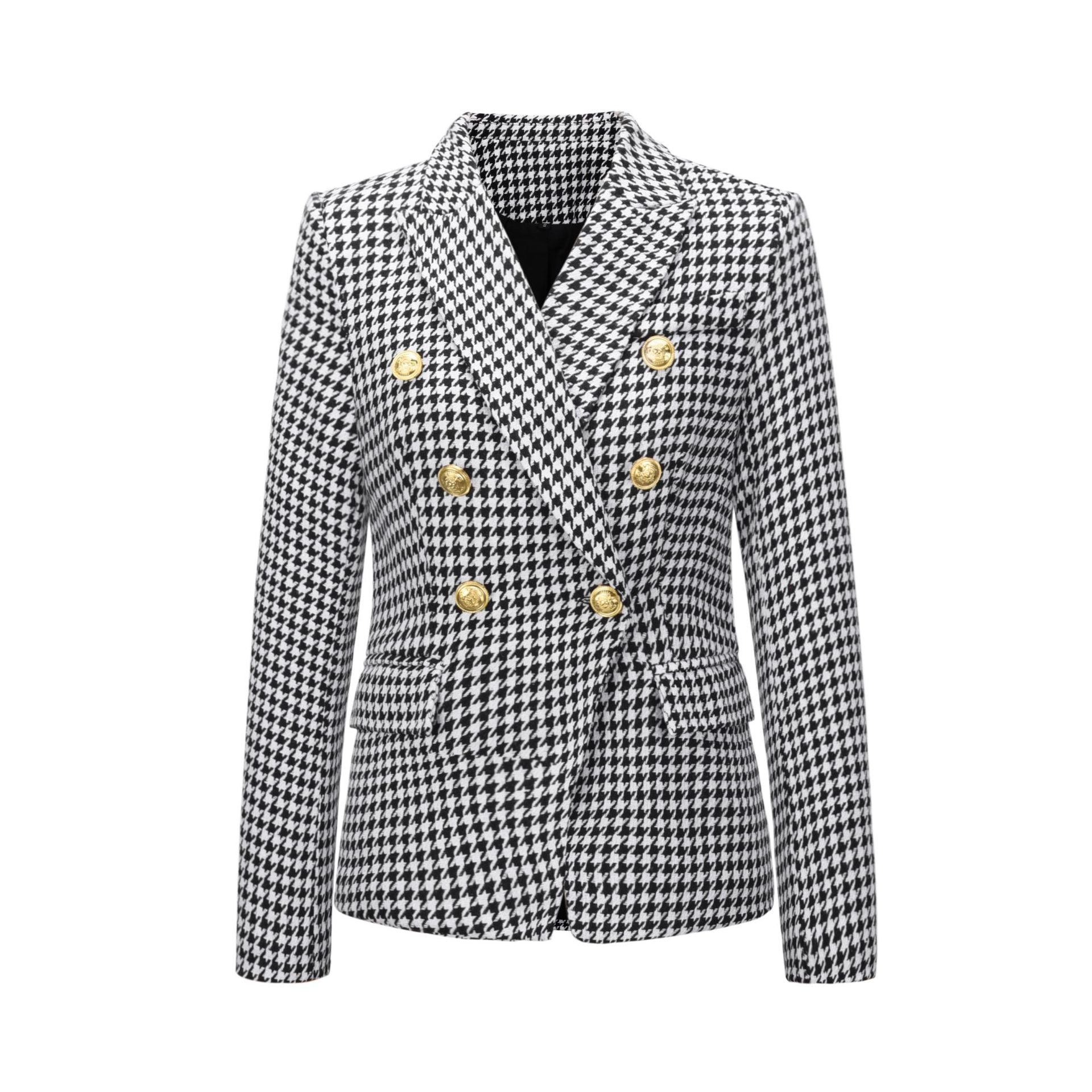Houndstooth Double Breasted Long Coat
