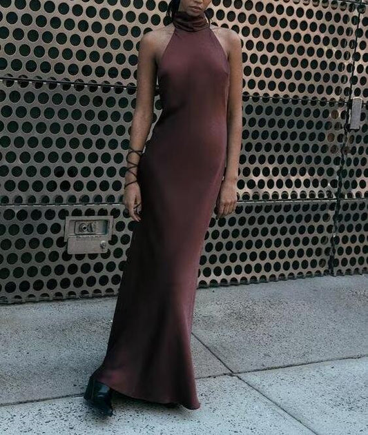 Hanging Collar Silk Texture Maxi Dress