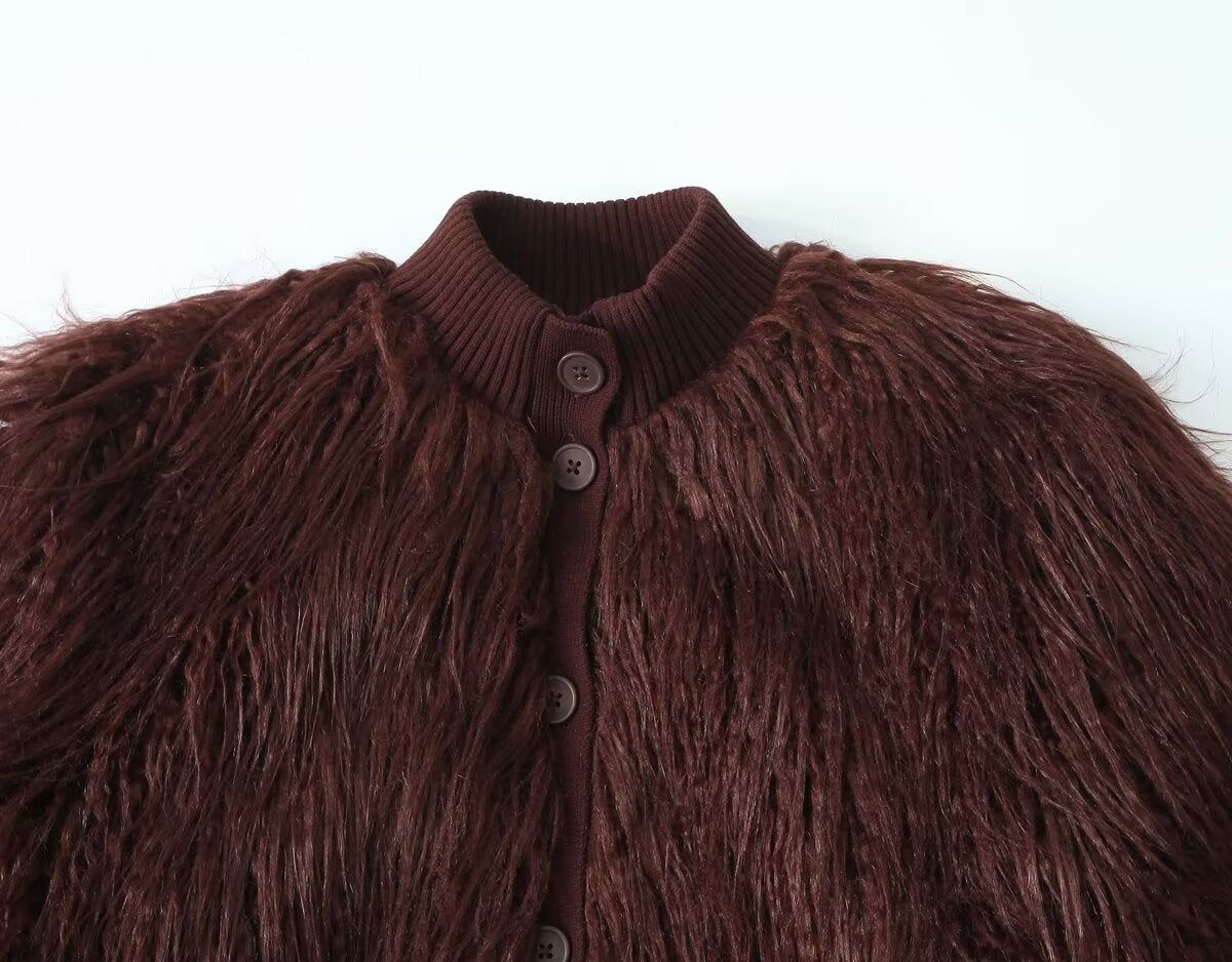 Women's Stand Collar Cardigan – Artificial Fur Effect Knitted Coat