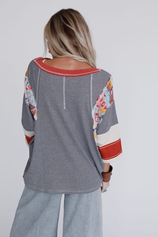 Pull ample à manches 3/4 pour femme, imprimé et assorti, style décontracté