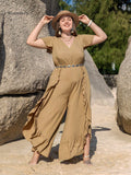 Plus Size Brown Waist Short Sleeve Beach Jumpsuit with Fish Mouth Pants