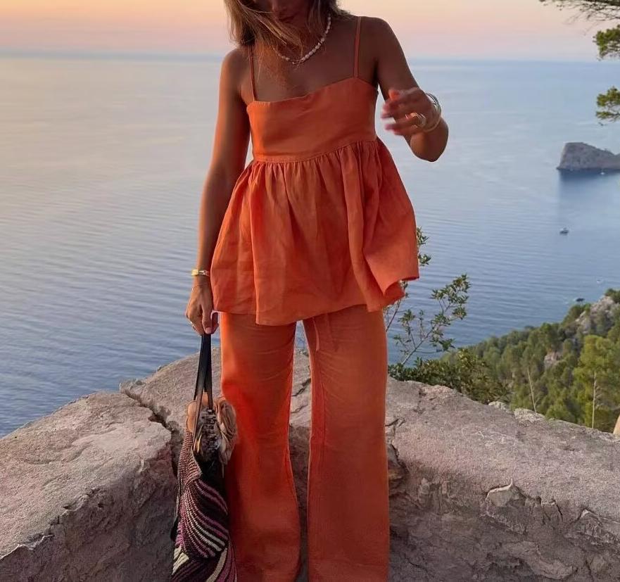 Women’s Orange Solid Color Sling Top & Trousers Suit