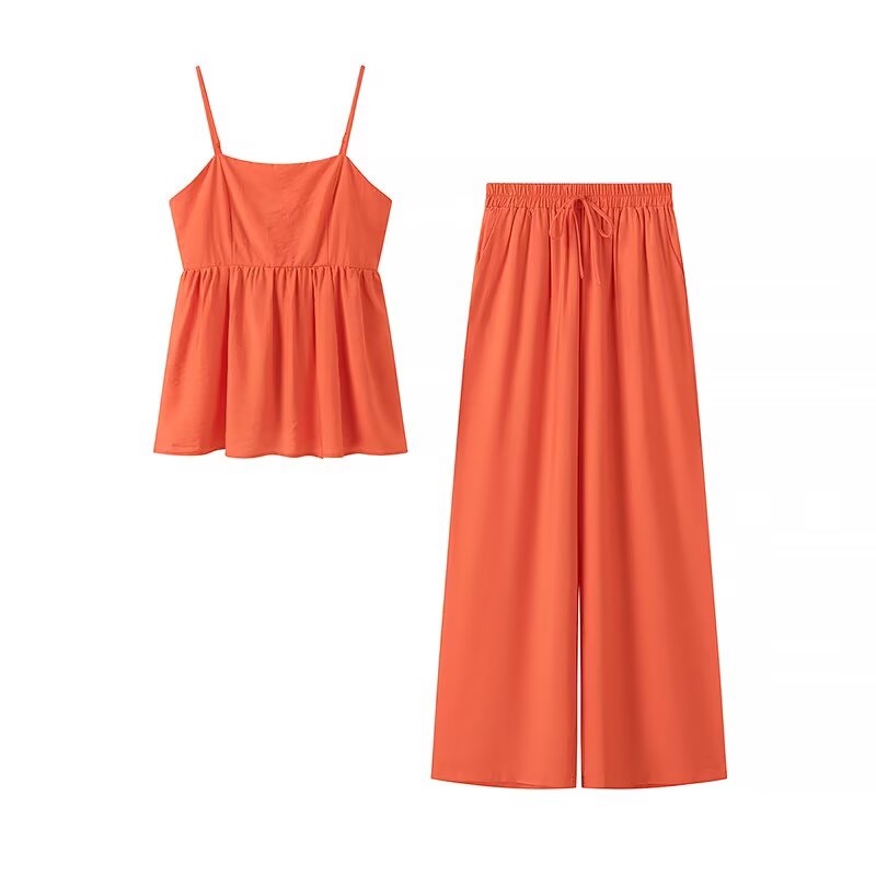 Women’s Orange Solid Color Sling Top & Trousers Suit