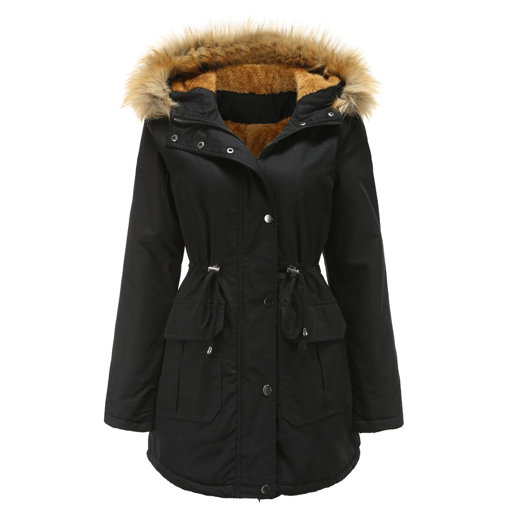 Wintermantel mit Kapuze und Fleecefutter und Pelzkragen