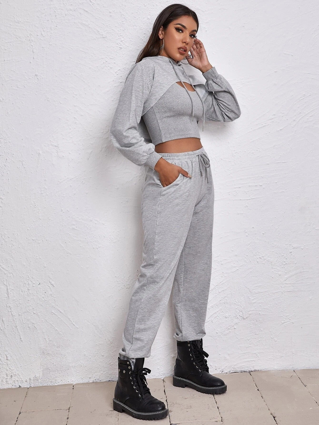 Drawstring Hoodie Bandage Dress Two-Piece Set