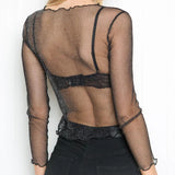 Sexy Sheer Mesh Long-Sleeve Silk Top for Women