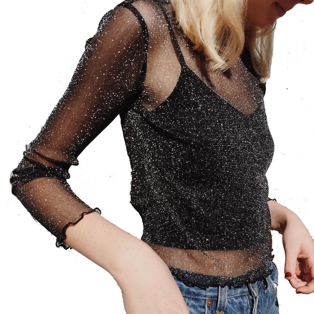 Sexy Sheer Mesh Long-Sleeve Silk Top for Women