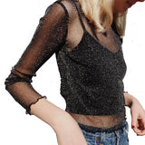 Sexy Sheer Mesh Long-Sleeve Silk Top for Women