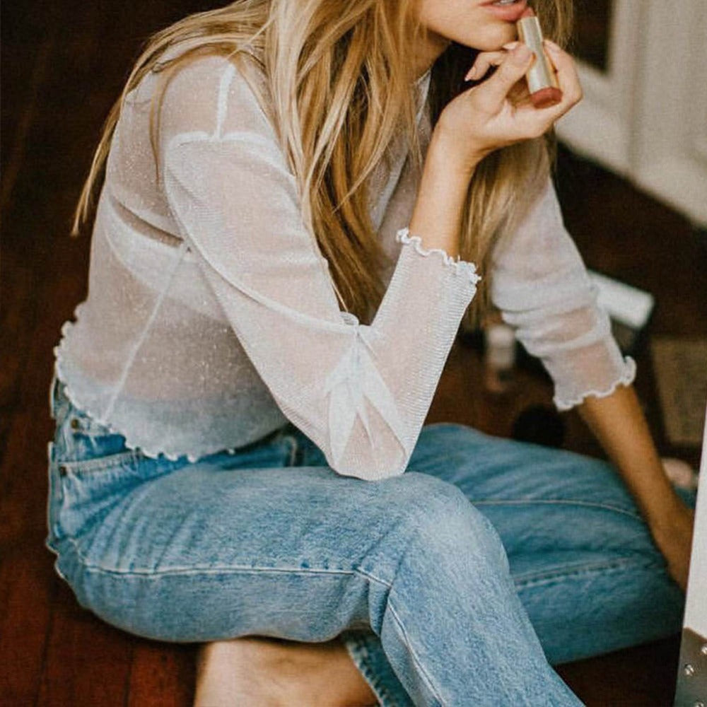 Sexy Sheer Mesh Long-Sleeve Silk Top for Women