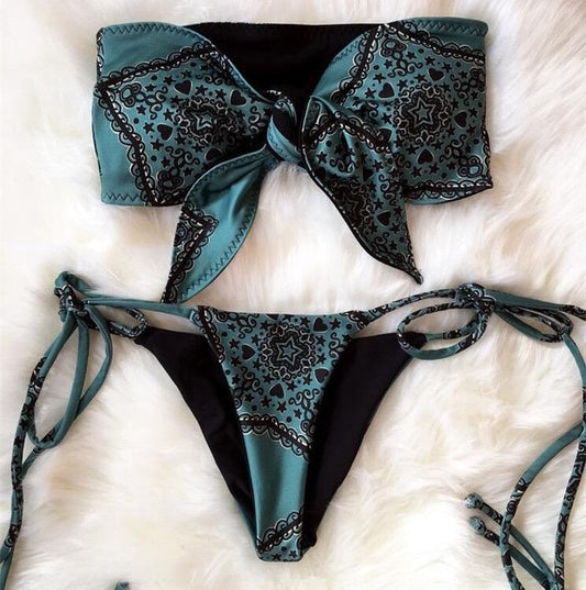 Bikini noué devant imprimé rétro