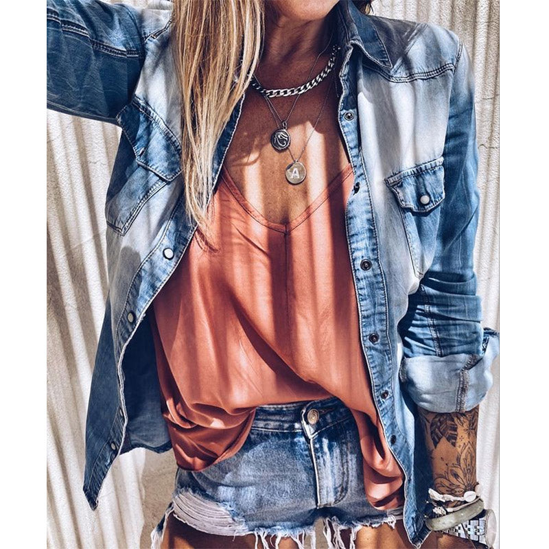 Long-Sleeved Vintage Washed Denim Shirt with Pockets