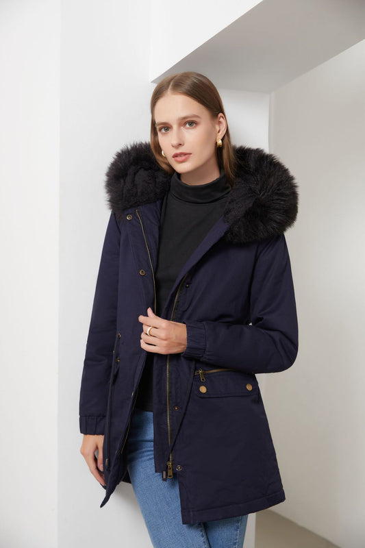 Wintermantel mit Pelzkragen und Kapuze für Damen