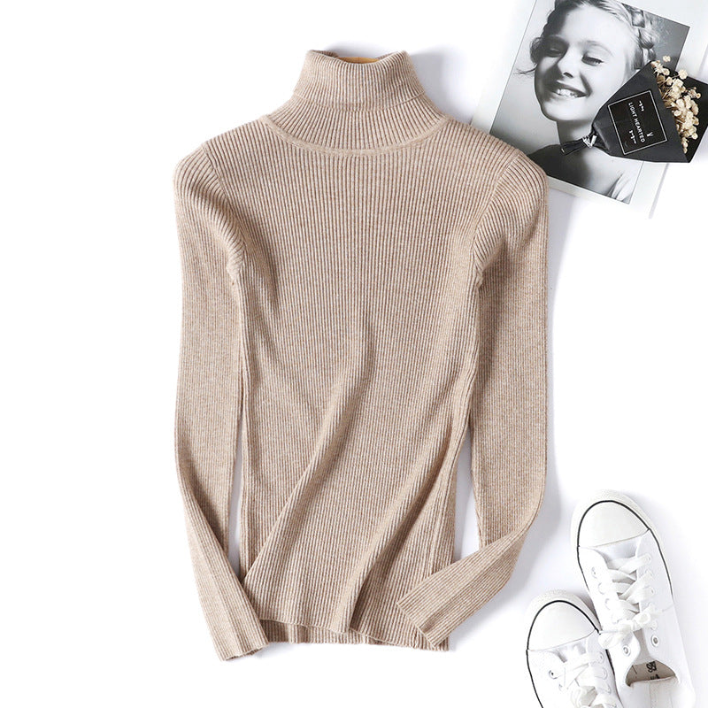 Solid Color Turtleneck Long Sleeve Slim Fit Knitted Sweater for Women