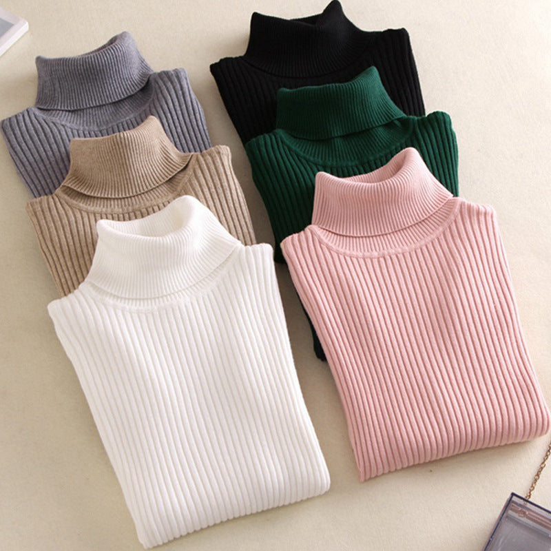 Solid Color Turtleneck Long Sleeve Slim Fit Knitted Sweater for Women