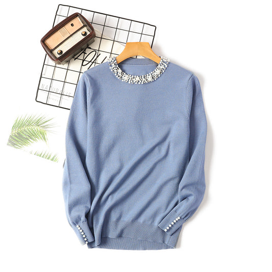 Beaded Pullover Women’s Round Neck Long Sleeve Loose Slimming Elegant Sweater
