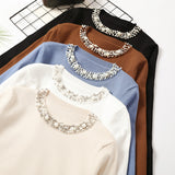 Perlenpullover Damen Rundhals Langarm Lose Schlankheits Eleganter Pullover