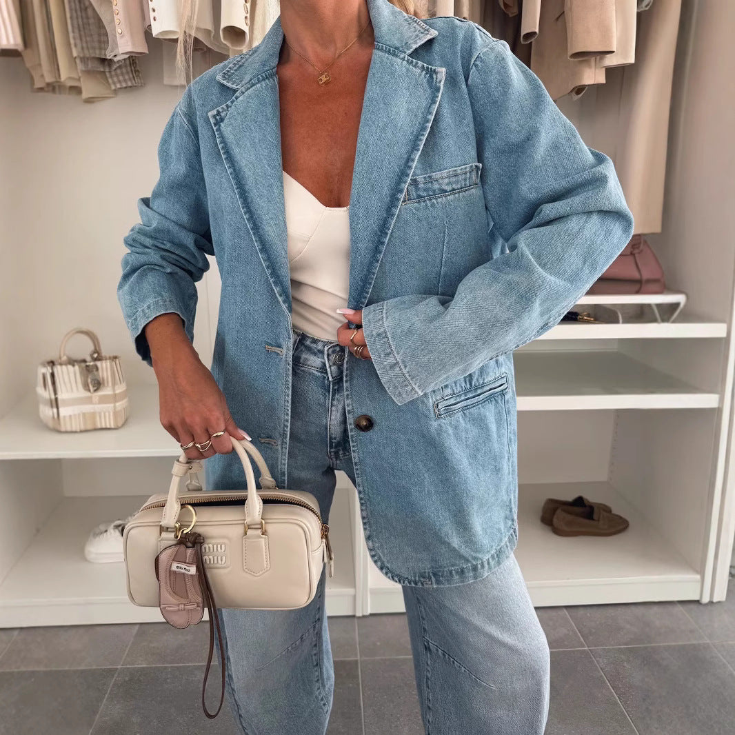 Casual Loose Washed Blue Denim Blazer – Effortlessly Chic