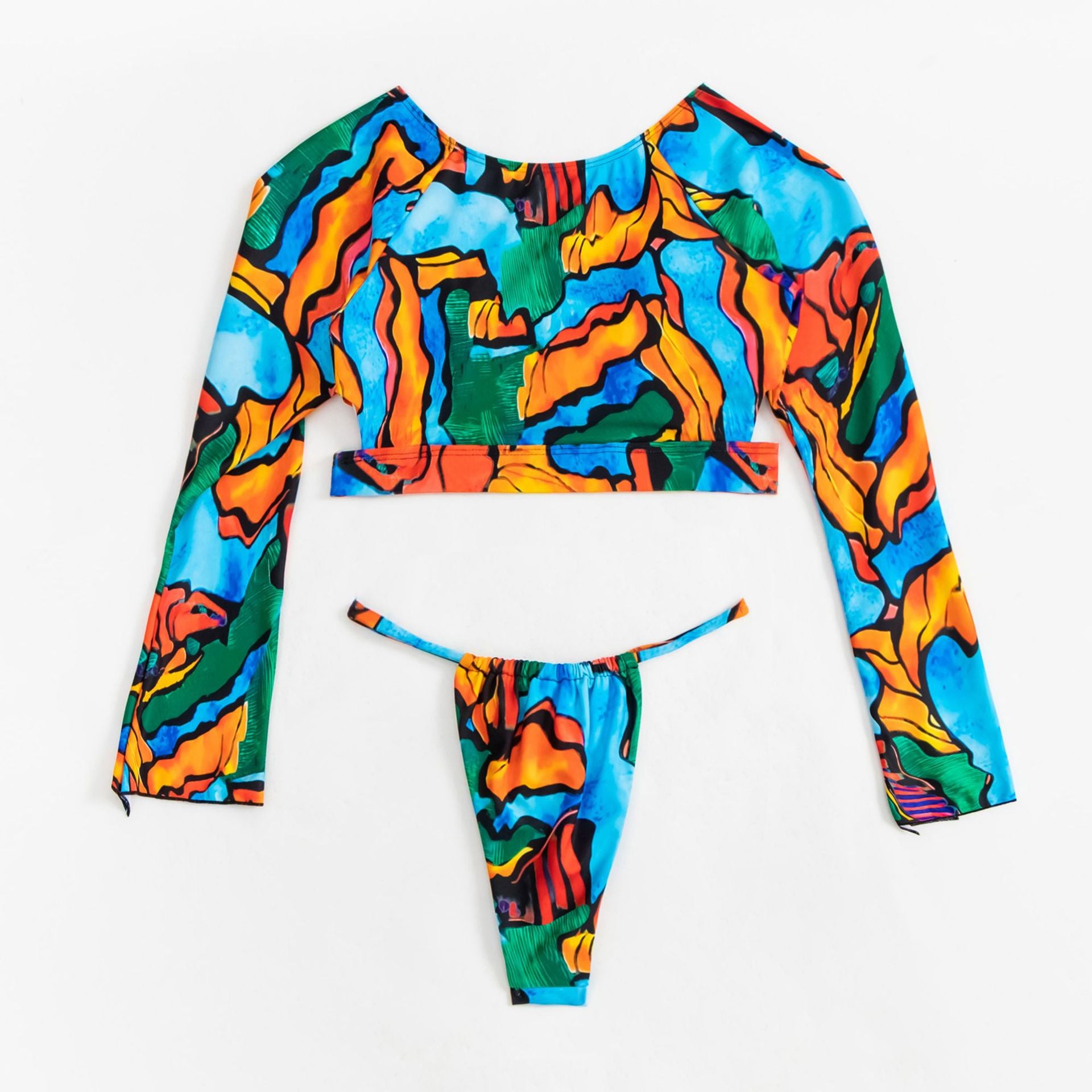Long Sleeve Cutout Tie Dye Print Two-Piece Swimsuit