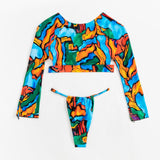 Long Sleeve Cutout Tie Dye Print Two-Piece Swimsuit
