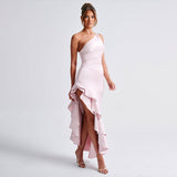 Oblique Shoulder Backless High Slit Dress