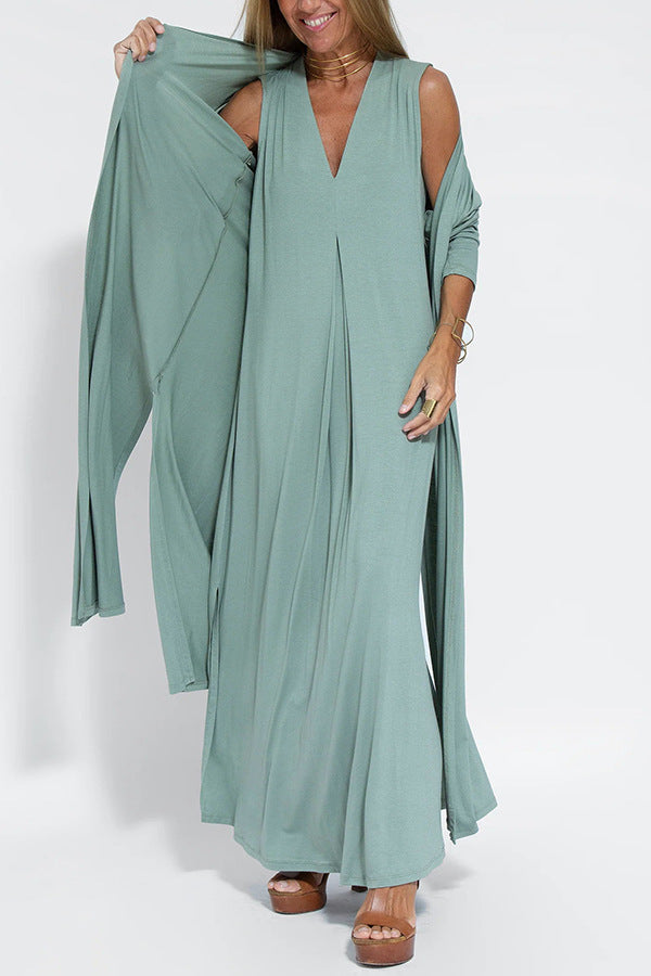 Cardigan Coat and Solid Dress Set for Women