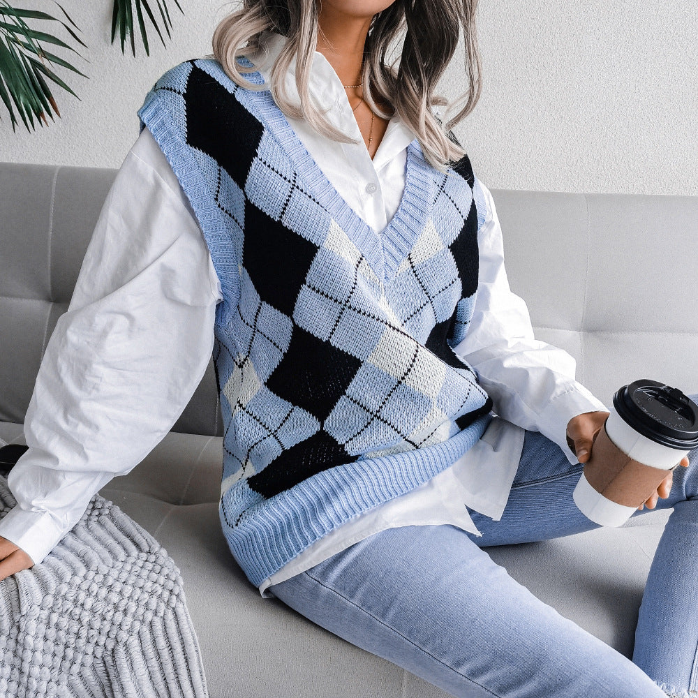 College Rhombus V-Ausschnitt Lässiger lockerer Strickwestenpullover für Damen