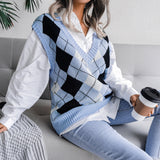 College Rhombus V-Ausschnitt Lässiger lockerer Strickwestenpullover für Damen
