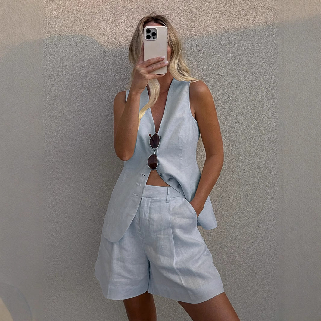 Cotton Linen Vest & Shorts Set for Women – Summer Casual Office Outfit